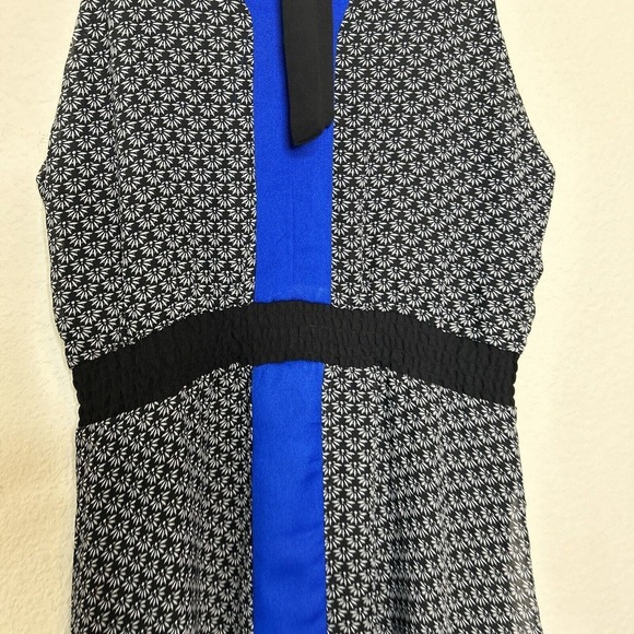 ICE Black Blue and White Elastic Waist Tie Back Handkercheif Hem Dress 12 - Picture 10 of 11